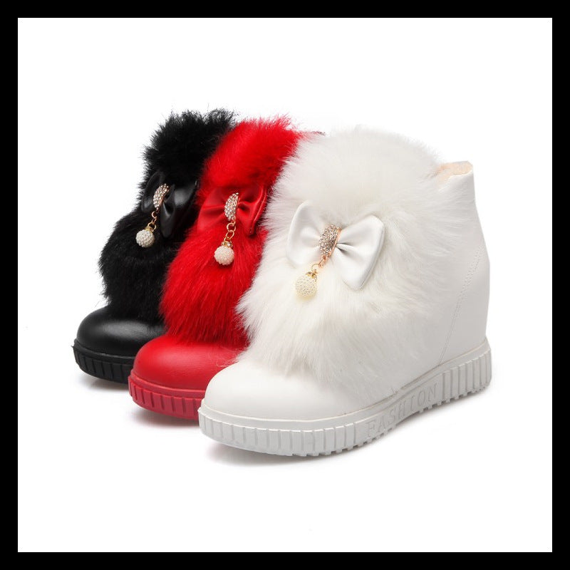 Women's Flat Bowknot Shaggy White Snow Boots