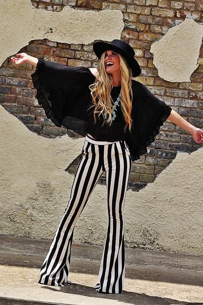 New European And American Hipsters Slim Vertical Stripes Bell-bottom Pants Casual Wide Leg Pants With Pockets