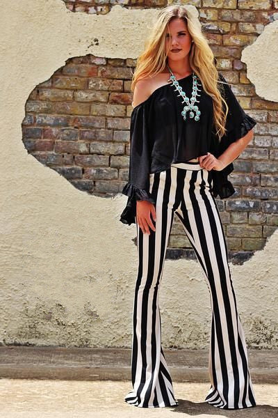 New European And American Hipsters Slim Vertical Stripes Bell-bottom Pants Casual Wide Leg Pants With Pockets