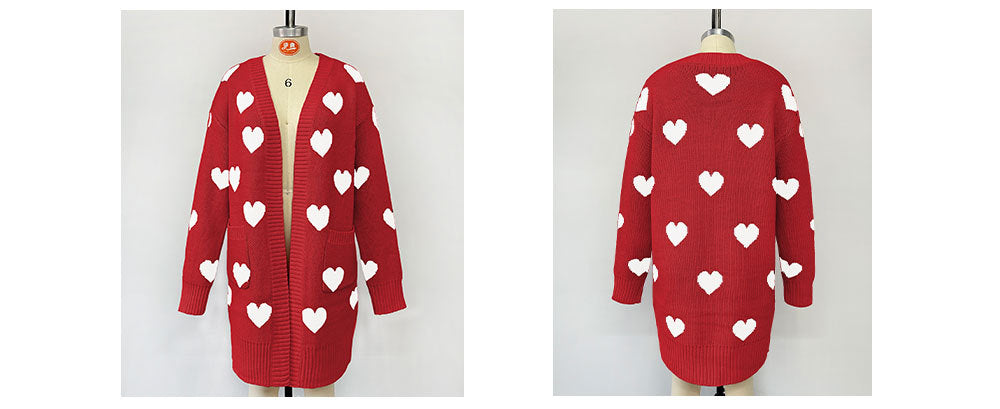 Heart Knitted Cardigan Love Pocket V-neck Mid-length Coat