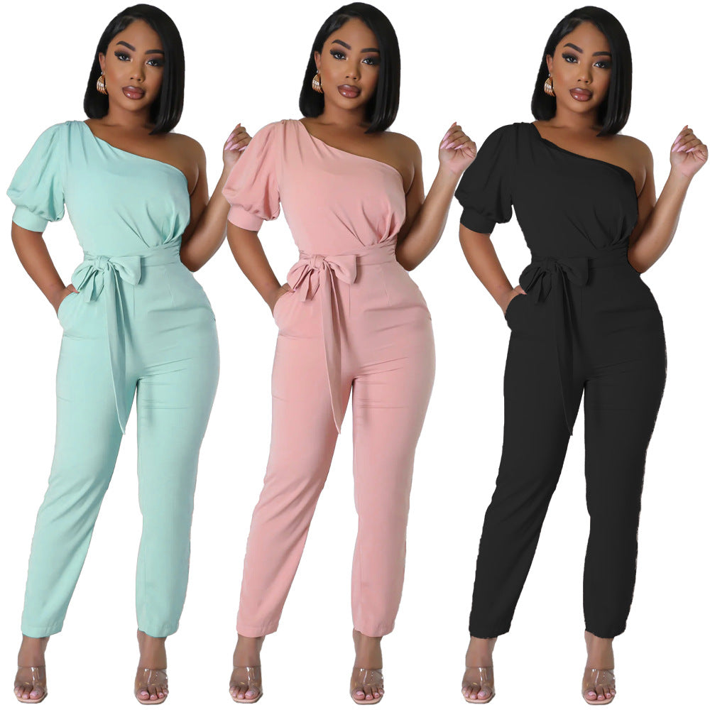 Fashion One Shoulder High Waist Slim Tapered Women's Jumpsuit