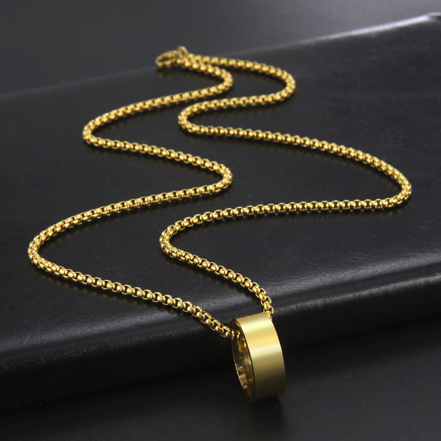 Titanium Steel Gold Plating Cutting Width Ring Pendant Necklace