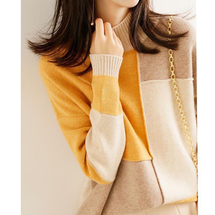 Contrast Color Idle Style Loose Pullover Fashion Commuter Simple Half Turtleneck Korean Style Sweater