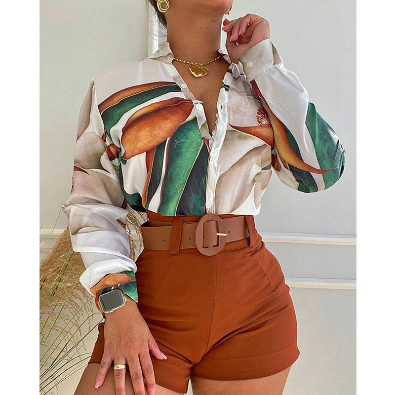 Printed Stand Collar Long Sleeve Shirt Top Drawstring Shorts Suit