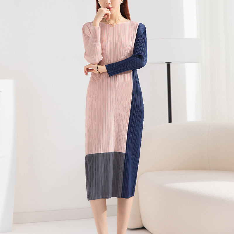 Fashion Colorblock Loose Plus Size Crew Neck Long Sleeve Straight Underwear Midi Dress