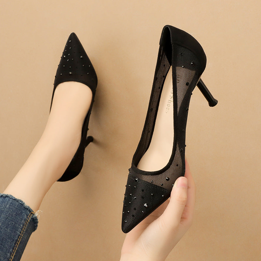 Korean Fashion Pointed Toe Rhinestone High Heels Mesh Stiletto Heel