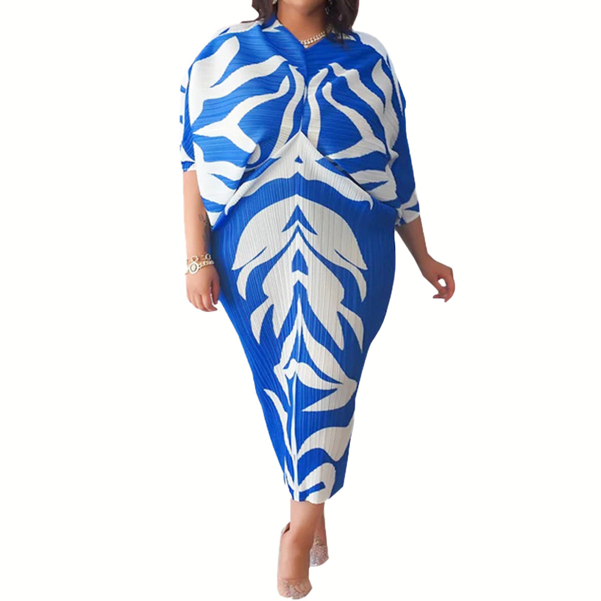 Plus Size Women's Amoi Pleated Positioning Printed Batwing Sleeve Dress