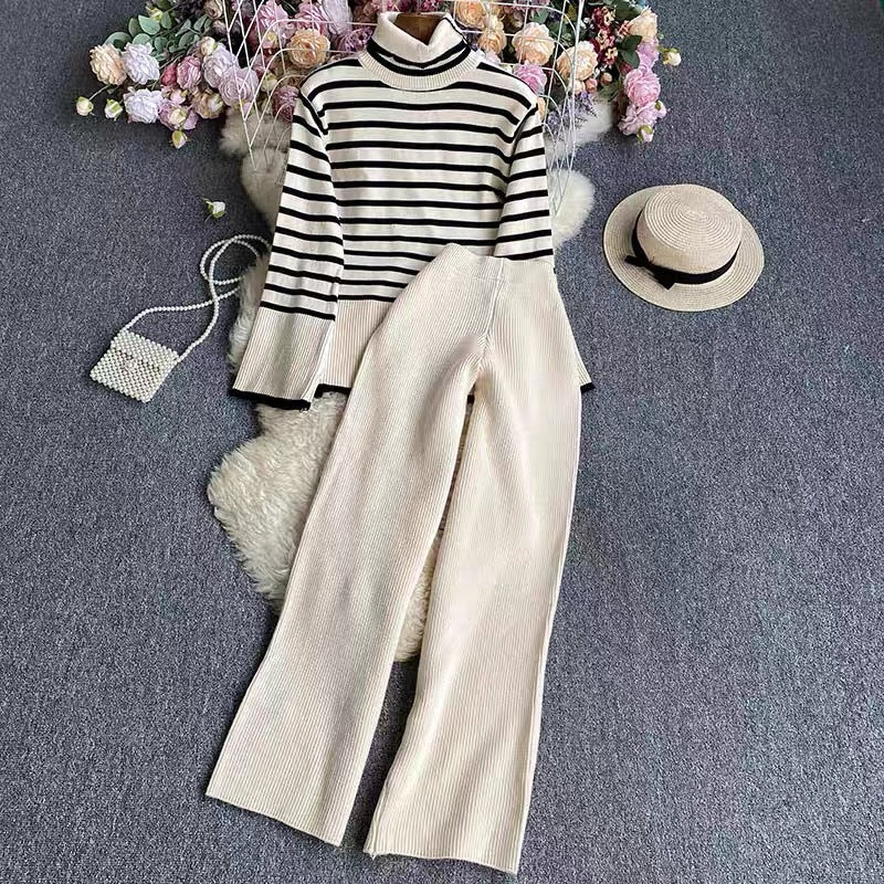 Striped Knitted Sweater High Waist Drooping Straight Casual Knitted Wide-leg Pants Two-piece Set