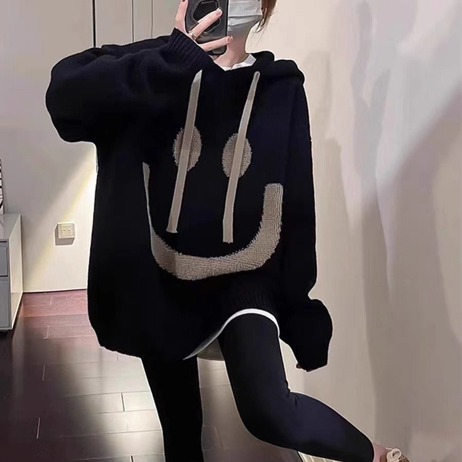 Hooded Black And White Sweater Women's Loose Sweater