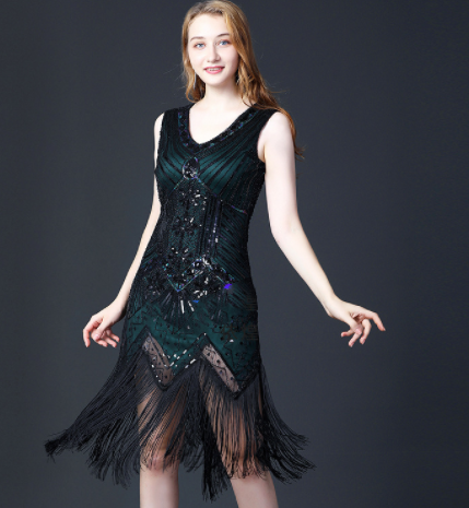 Vintage Sequined Fringe Dress Party Dance Dress