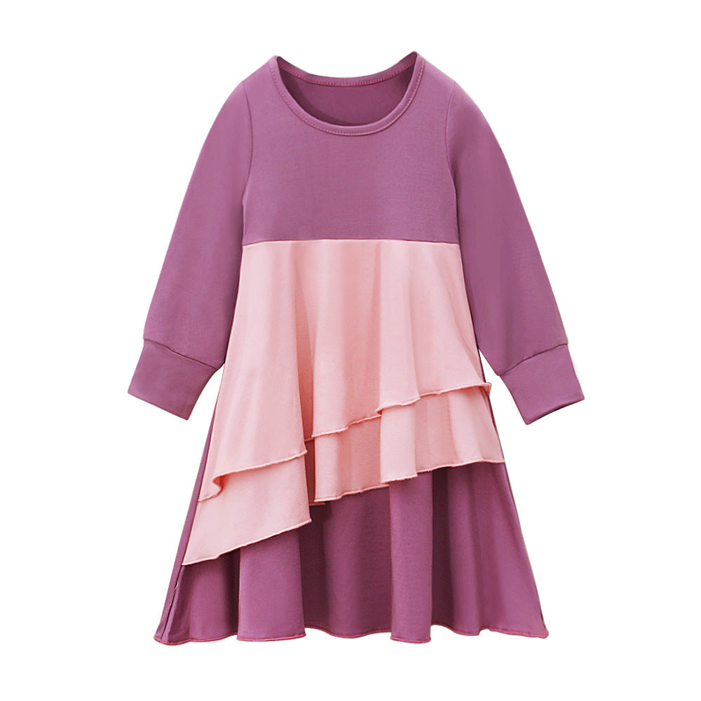 Girls' Spring And Autumn Long Sleeve Color Matching Flounce Dress Headscarf