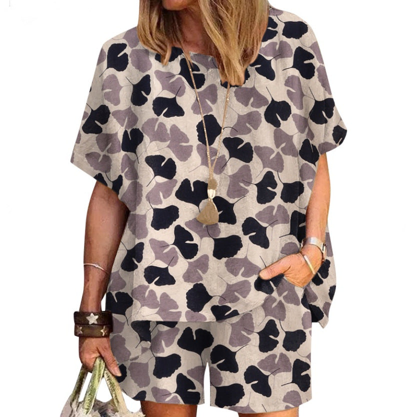 Polka Dot Print Crew Neck Loose Short Sleeve Shorts Two-Piece Set