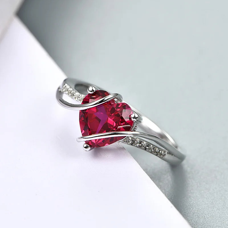 Heart Shape Ruby 925 Sterling Silver Ring 2.5 Carats Women Love Ring for Party Wedding and Engagement Romantic Gift