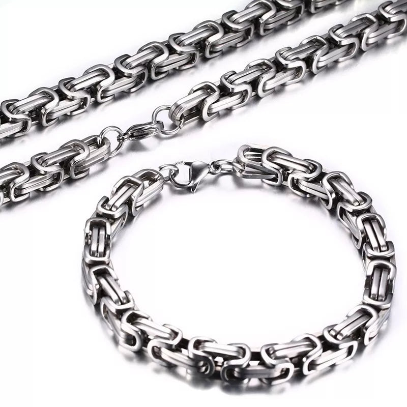 Men\\'s Fashion Stainless Steel Necklace and Bracelet Set Heavy Metal Emperor Chain Rock Punk Jewelry