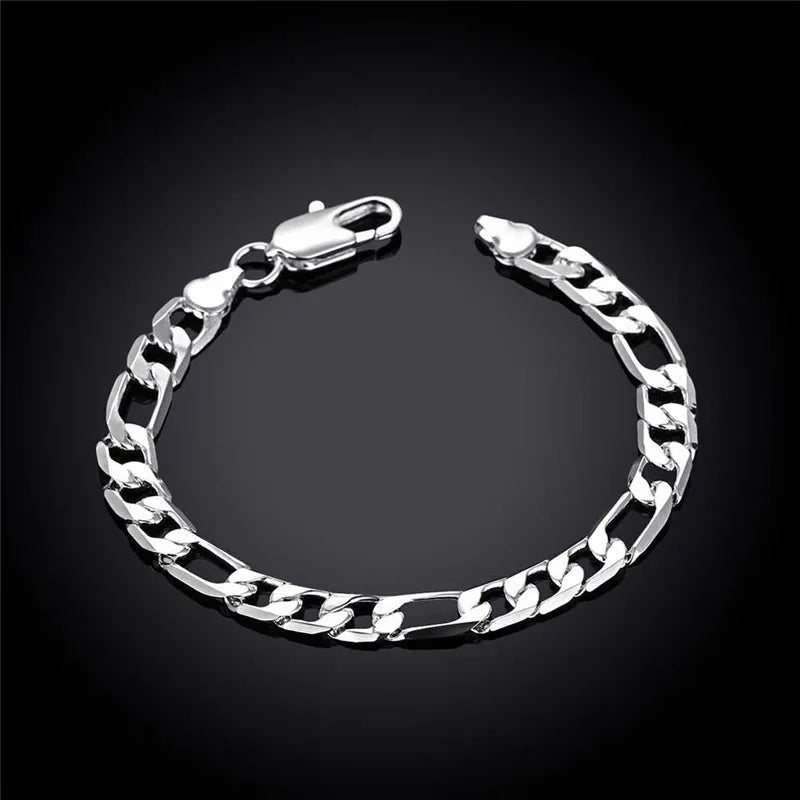 LEKANI 8mm Men Figaro Chain Bracelet 925 Silver Cuff Bangles 925 Sterling Silver Fine Jewelry 8 inch Link Bracelet for Men