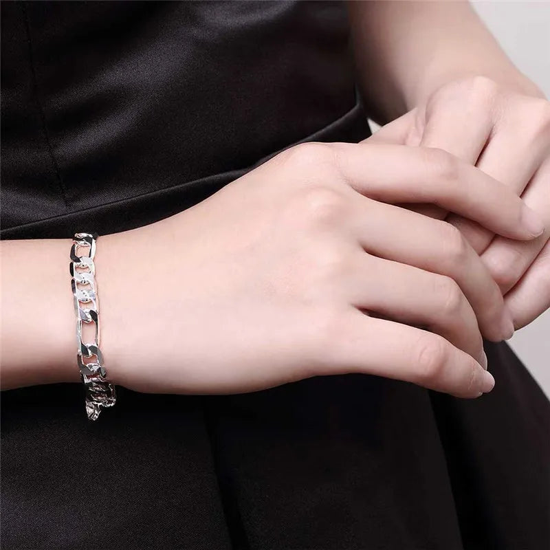 LEKANI 8mm Men Figaro Chain Bracelet 925 Silver Cuff Bangles 925 Sterling Silver Fine Jewelry 8 inch Link Bracelet for Men