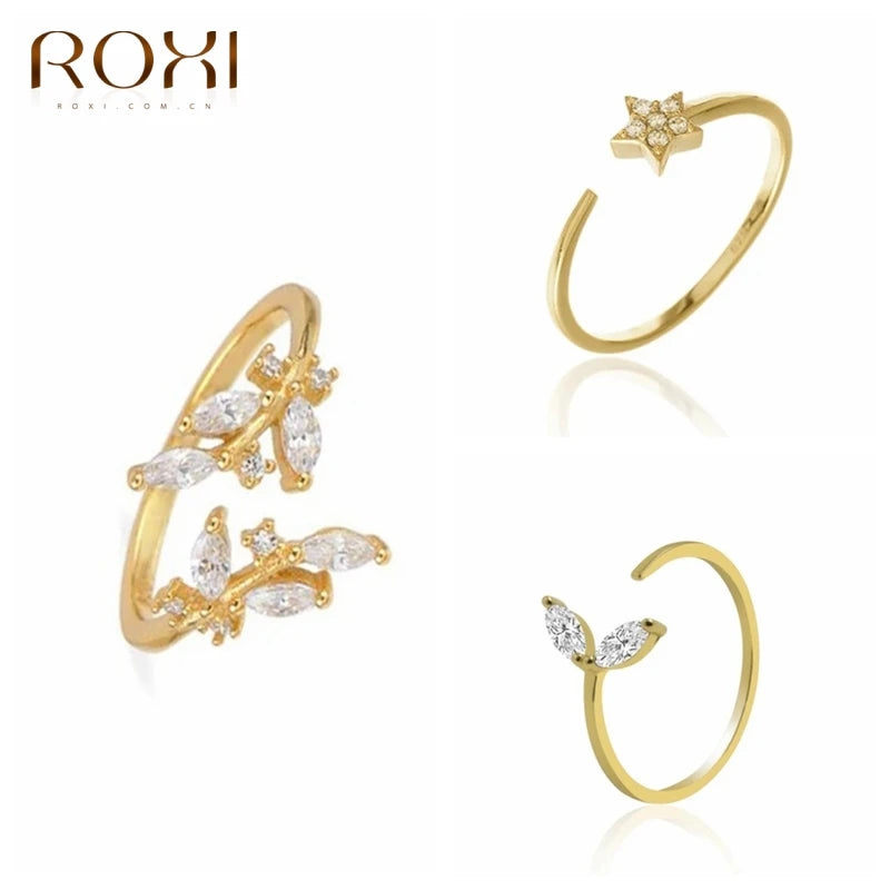 ROXI Simple Flower Leaf Star Zircon Crystals Open Women Rings for Women Plant 925 Sterling Silver Finger Ring Bague Jewelry