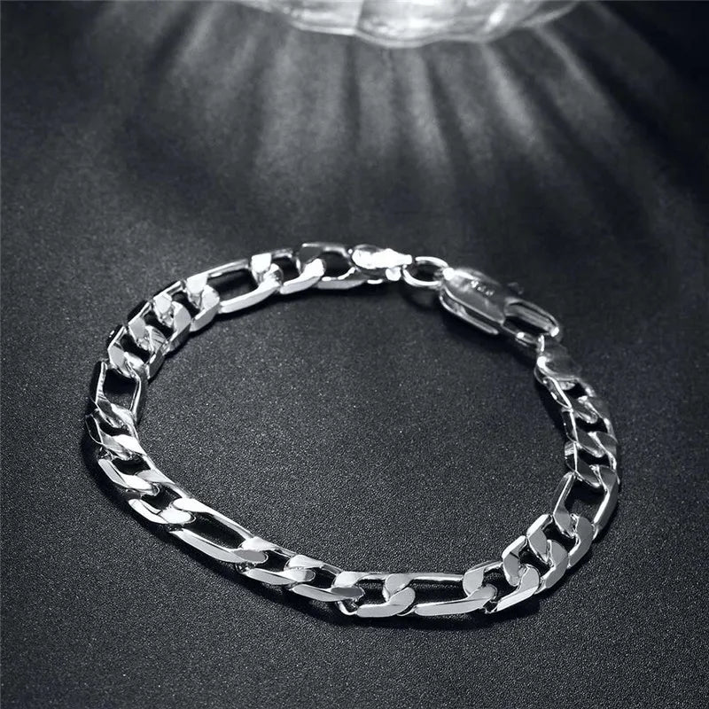 LEKANI 8mm Men Figaro Chain Bracelet 925 Silver Cuff Bangles 925 Sterling Silver Fine Jewelry 8 inch Link Bracelet for Men