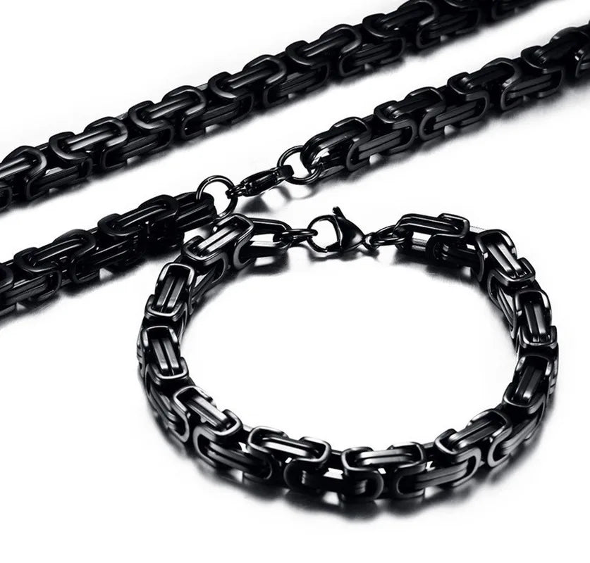 Men\\'s Fashion Stainless Steel Necklace and Bracelet Set Heavy Metal Emperor Chain Rock Punk Jewelry