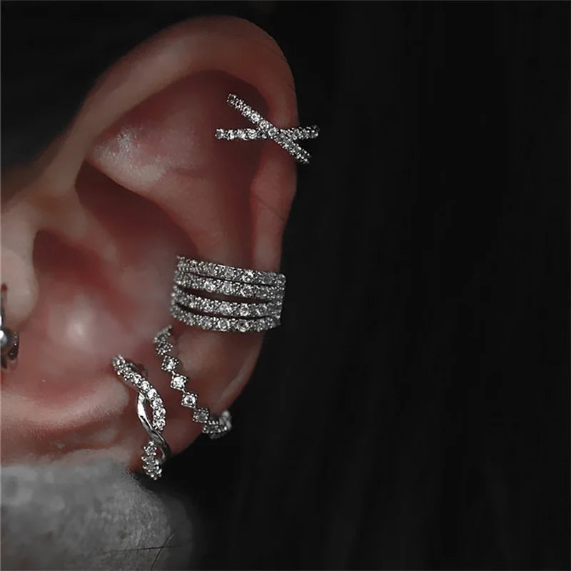 FOXANRY Prevent AllergySilver Color Earrings Set for Women Trendy Elegant Simple Sparkling Zircon Bride Jewelry Ear Clip