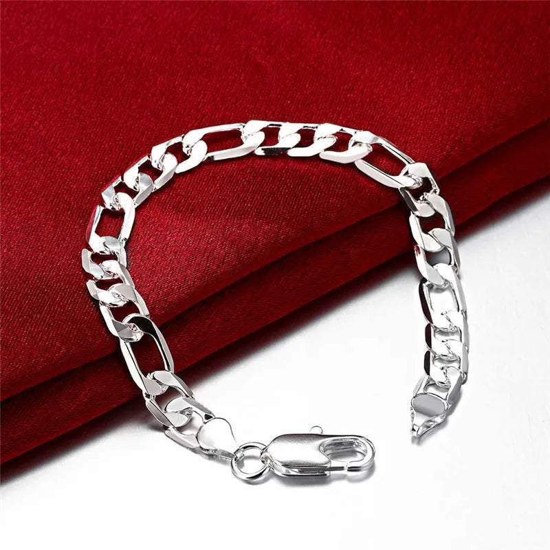 LEKANI 8mm Men Figaro Chain Bracelet 925 Silver Cuff Bangles 925 Sterling Silver Fine Jewelry 8 inch Link Bracelet for Men