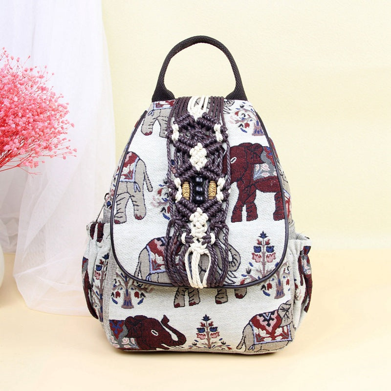 Women's Fashion Retro Double Layer Zipper Elephant Cotton And Linen Backpack