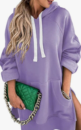 Solid Color Hooded Sweater Mid-length Women