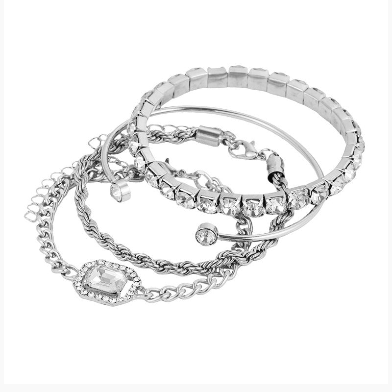 Vintage Personalized Twist Exaggerated Punk Diamond Open-ended Bracelet Suit 4 Pieces