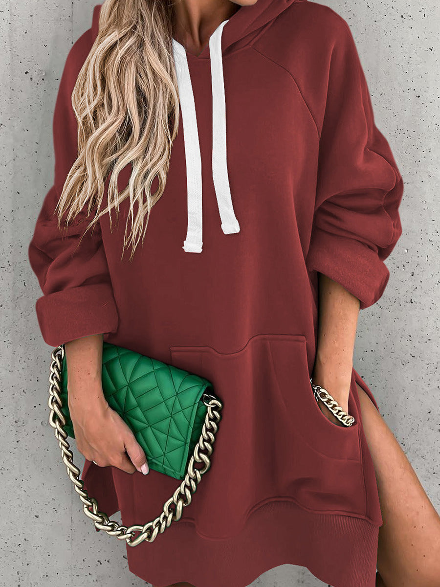 Solid Color Hooded Sweater Mid-length Women