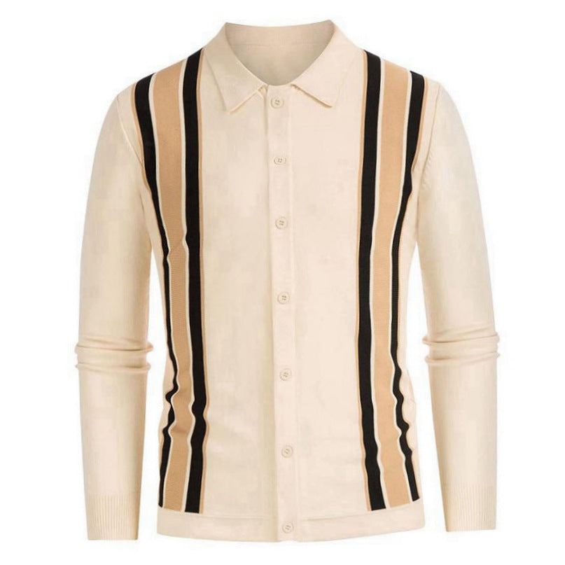 Men's Spring Thin Knitted Shirt Stripe Splicing