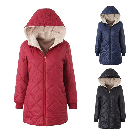 Lambswool Glossy Waterproof Geometric Plaid Hooded Cotton Coat