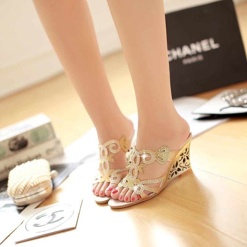 Wedge Sandals Peep Toe Slip-on Rhinestone Women's