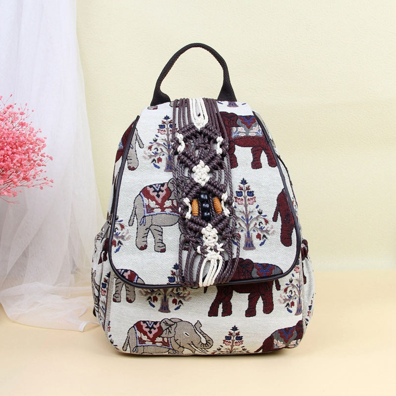 Women's Fashion Retro Double Layer Zipper Elephant Cotton And Linen Backpack