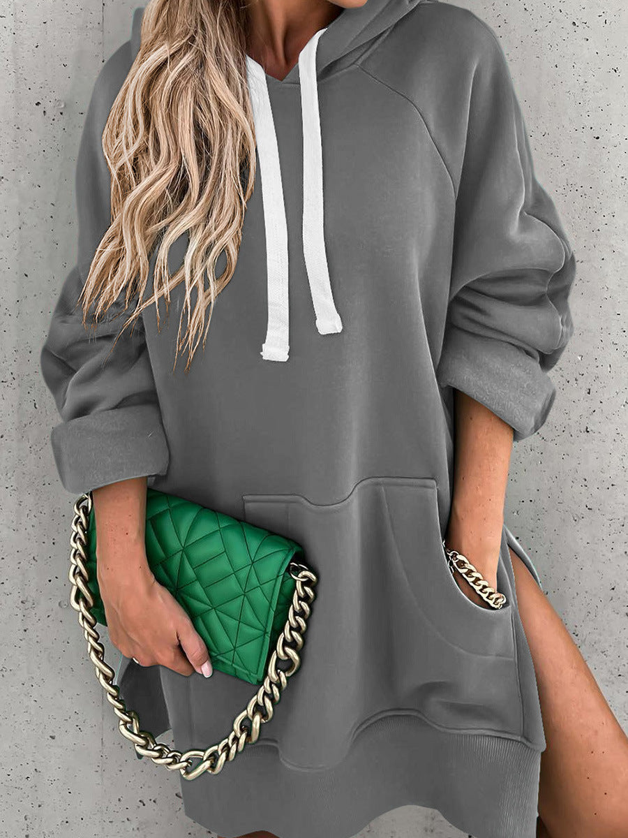 Solid Color Hooded Sweater Mid-length Women