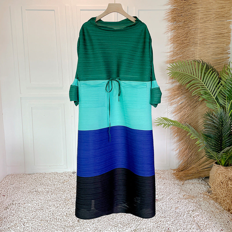 Color Matching Pleated Bell Sleeve Dress Fashion Gradient