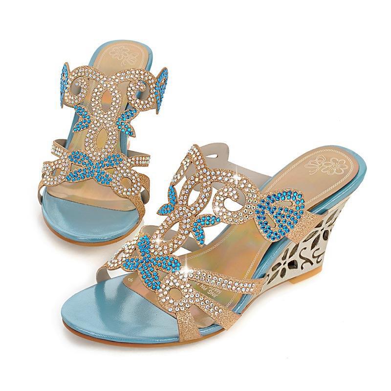 Wedge Sandals Peep Toe Slip-on Rhinestone Women's