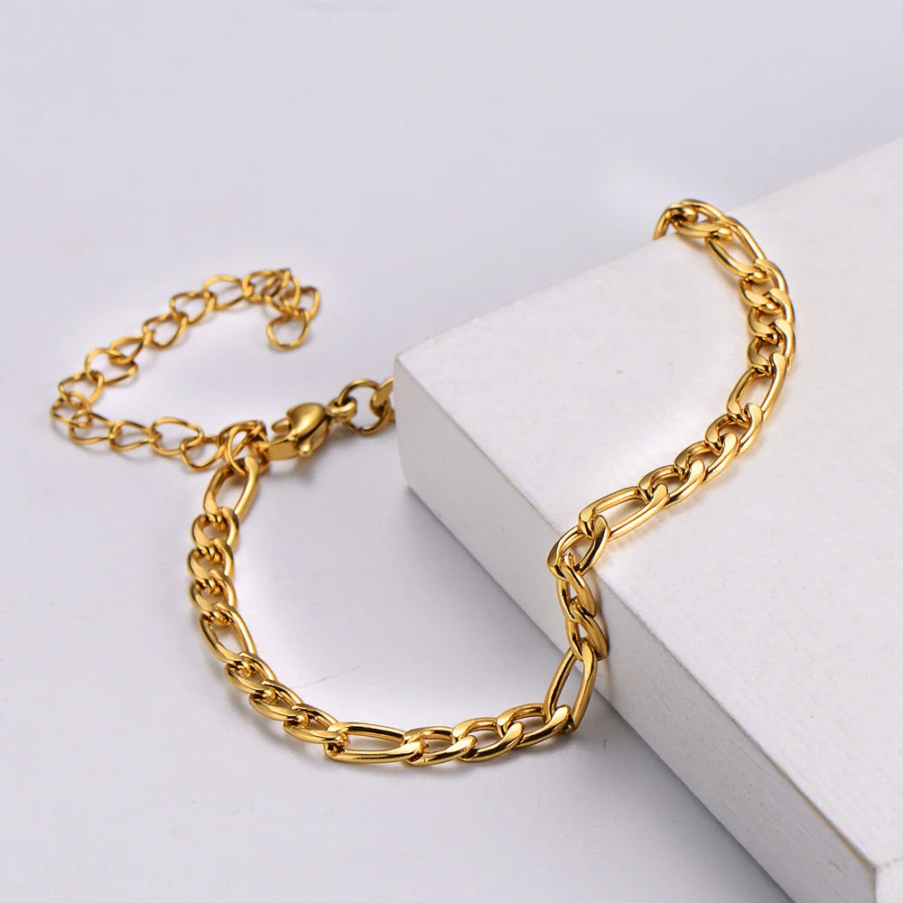 Punk 6mm Figaro Chain Link Bracelets Male Gold Color Stainless Steel Bracelet for Women Men Party Jewelry Gifts