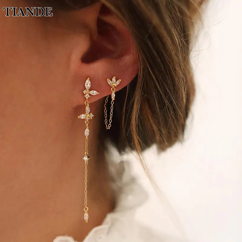 TIANDE Exquisite Zircon Tassel Chain Dangle Earrings for Women Fashion Gold Plated Pierced Ear Stud Earrings Jewelry Accessories