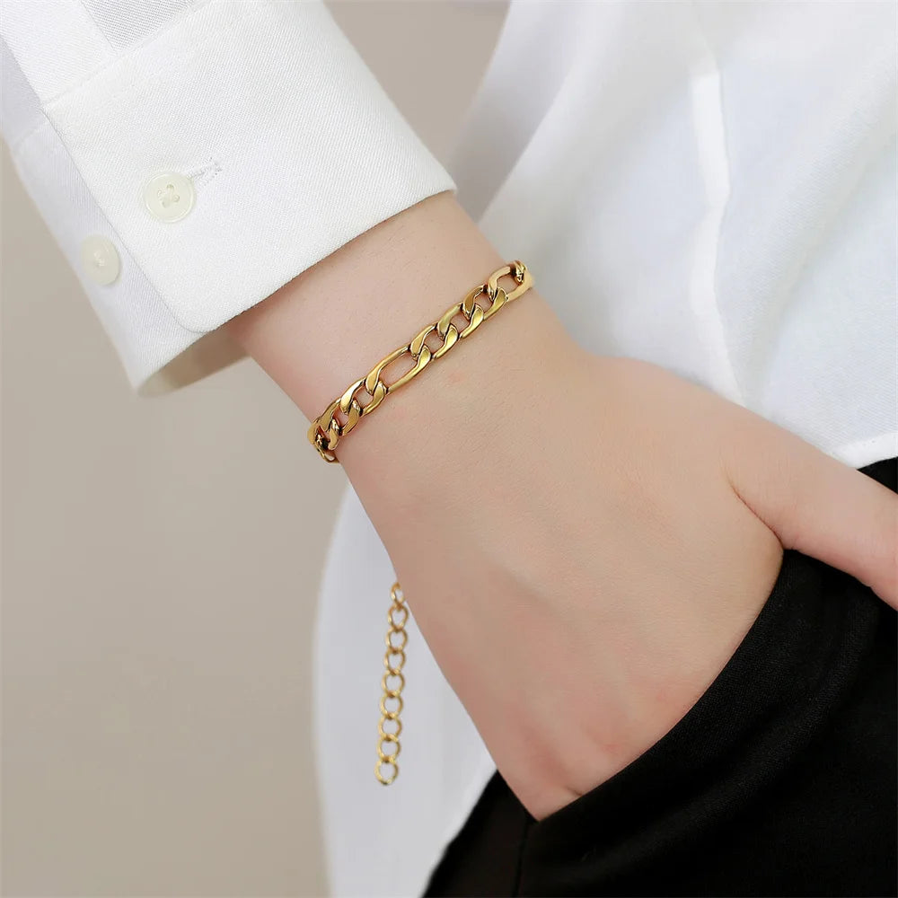 Punk 6mm Figaro Chain Link Bracelets Male Gold Color Stainless Steel Bracelet for Women Men Party Jewelry Gifts