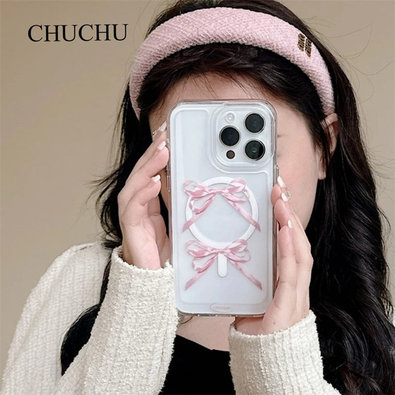 Korea Soft Magsafe Wireless Charge Bowknot Clear Case For iPhone 14 13 12 Pro Max Plus Ballet Magnetic Silicone Cute Cases Cover