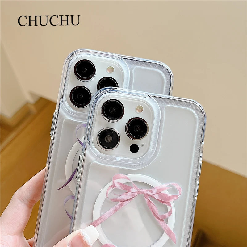 Korea Soft Magsafe Wireless Charge Bowknot Clear Case For iPhone 14 13 12 Pro Max Plus Ballet Magnetic Silicone Cute Cases Cover