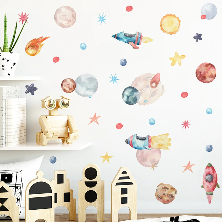 Boys Girls Space Rockets Planets Stars Wall Sticker Cartoon Vinyl Nursery Wall Decals Home Decor Art Murals for Kids Room