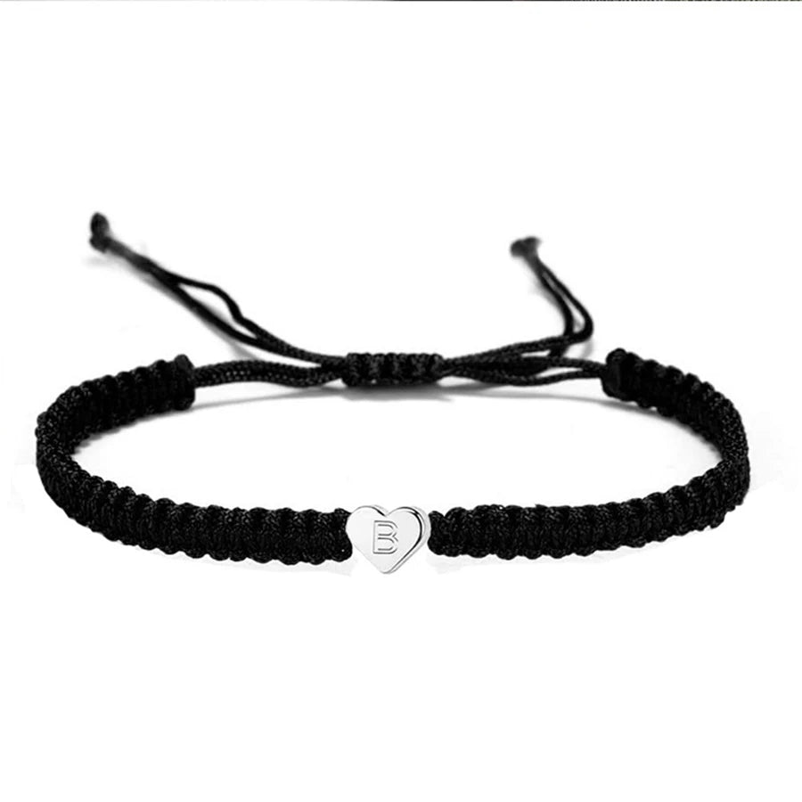 Heart Initial Letter A-Z Adjustable Black Rope Braided Bracelets Women Men Charm Handmade Minimalist Jewelry for Couple