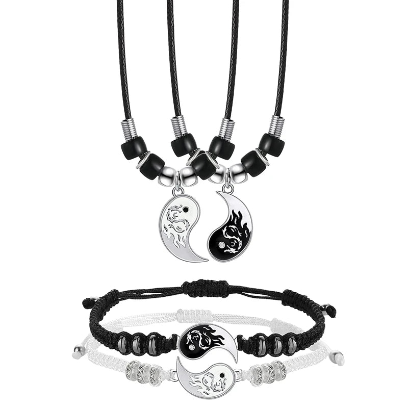 Dragon Tai Chi Yin Yang Couple Bracelets Necklaces Set Alloy Pendant Adjustable Braid Chain Bracelet Matching Lover Jewelry Set