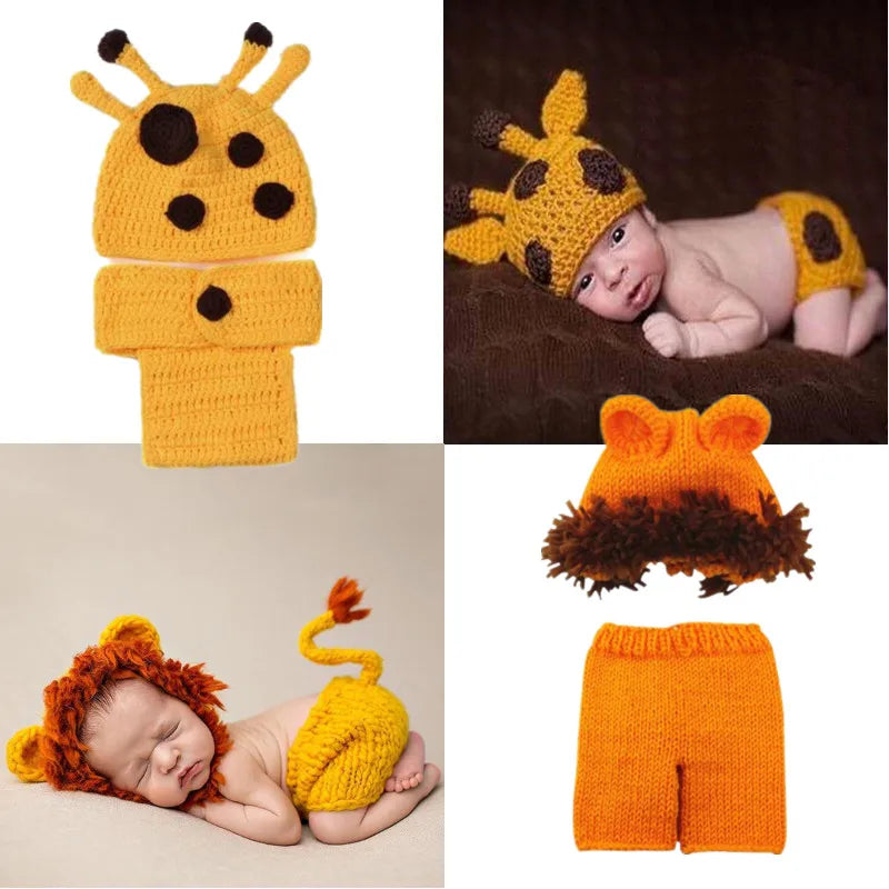 Baby Photoshoot Outfit Deer Lion Newborn Photography Props Baby Crochet Knit Costume Cartoon Deer and Lion Infant Hat Clothing