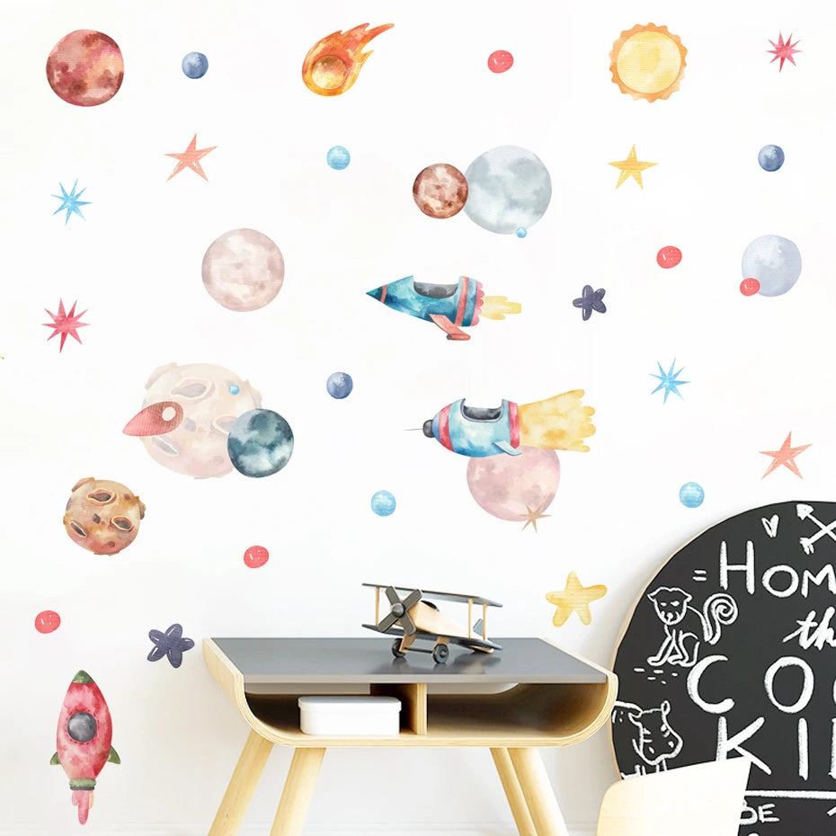 Boys Girls Space Rockets Planets Stars Wall Sticker Cartoon Vinyl Nursery Wall Decals Home Decor Art Murals for Kids Room