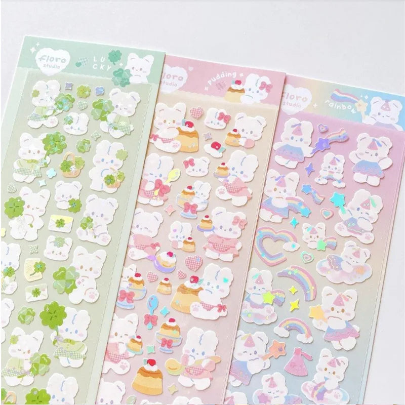 Korean Laser Bling Clover Bunny Pearl Sticker For Scrapbook DIY Kids Sticker for Phone Journal Laptop Calender Decorate Gift