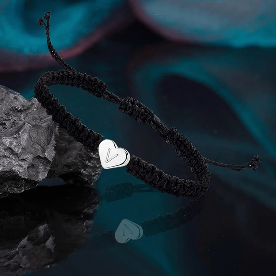 Heart Initial Letter A-Z Adjustable Black Rope Braided Bracelets Women Men Charm Handmade Minimalist Jewelry for Couple