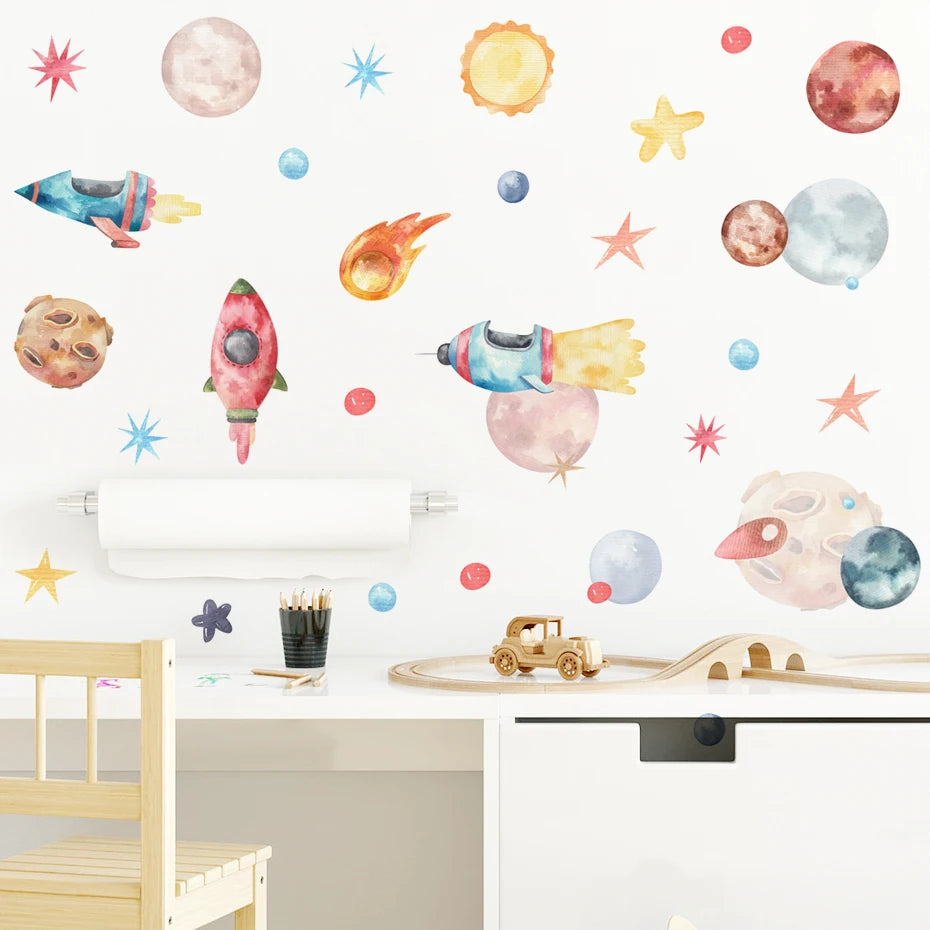 Boys Girls Space Rockets Planets Stars Wall Sticker Cartoon Vinyl Nursery Wall Decals Home Decor Art Murals for Kids Room