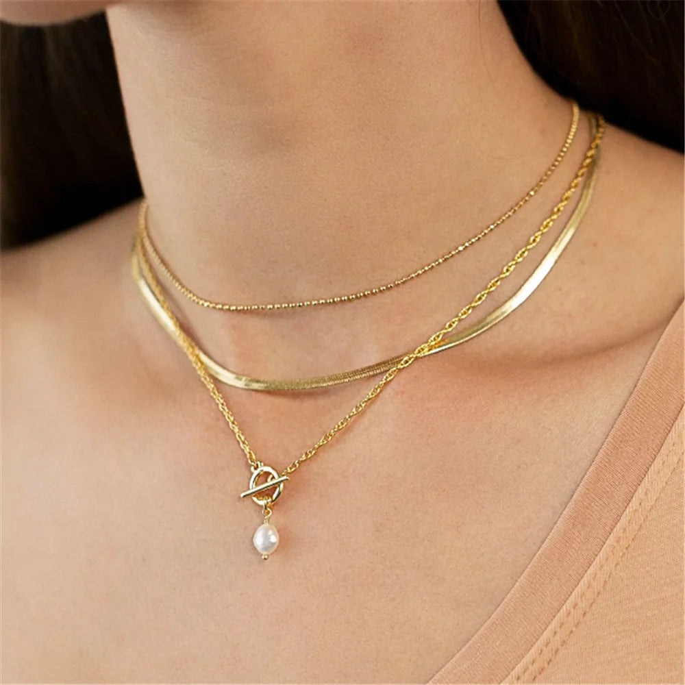 Aide 925 Sterling Silver OT Buckle Pendant Necklaces For Women 18K Gold Plated Irregular Imitation Pearl Charm Clavicle Choker